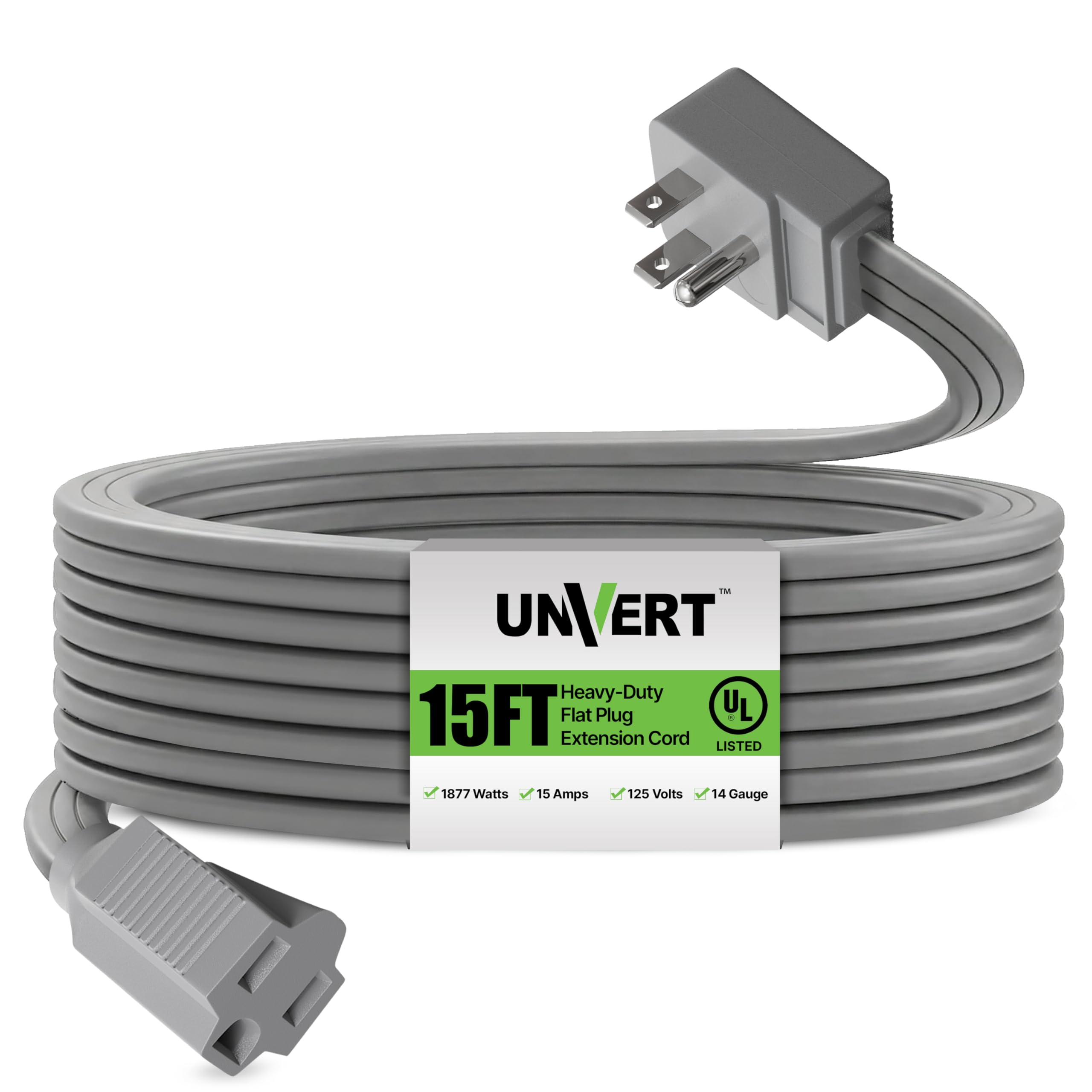Heavy Duty Flat Extension Cord, 15 Ft Wire Gray Flat Plug